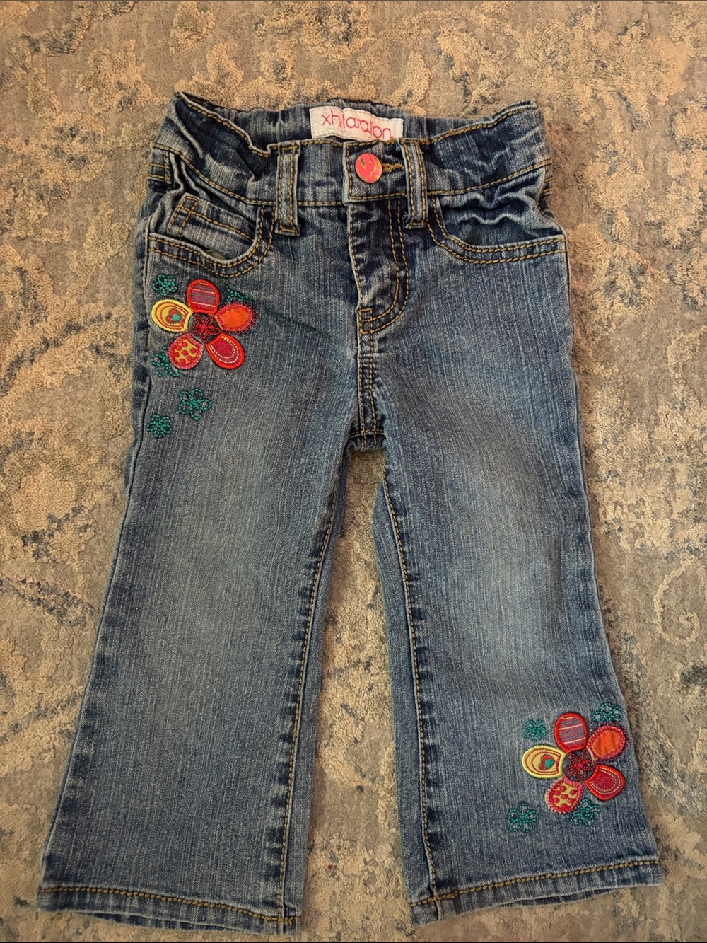 Xhilaration Blue Denim Jeans with Red & Yellow Flower Embroidery